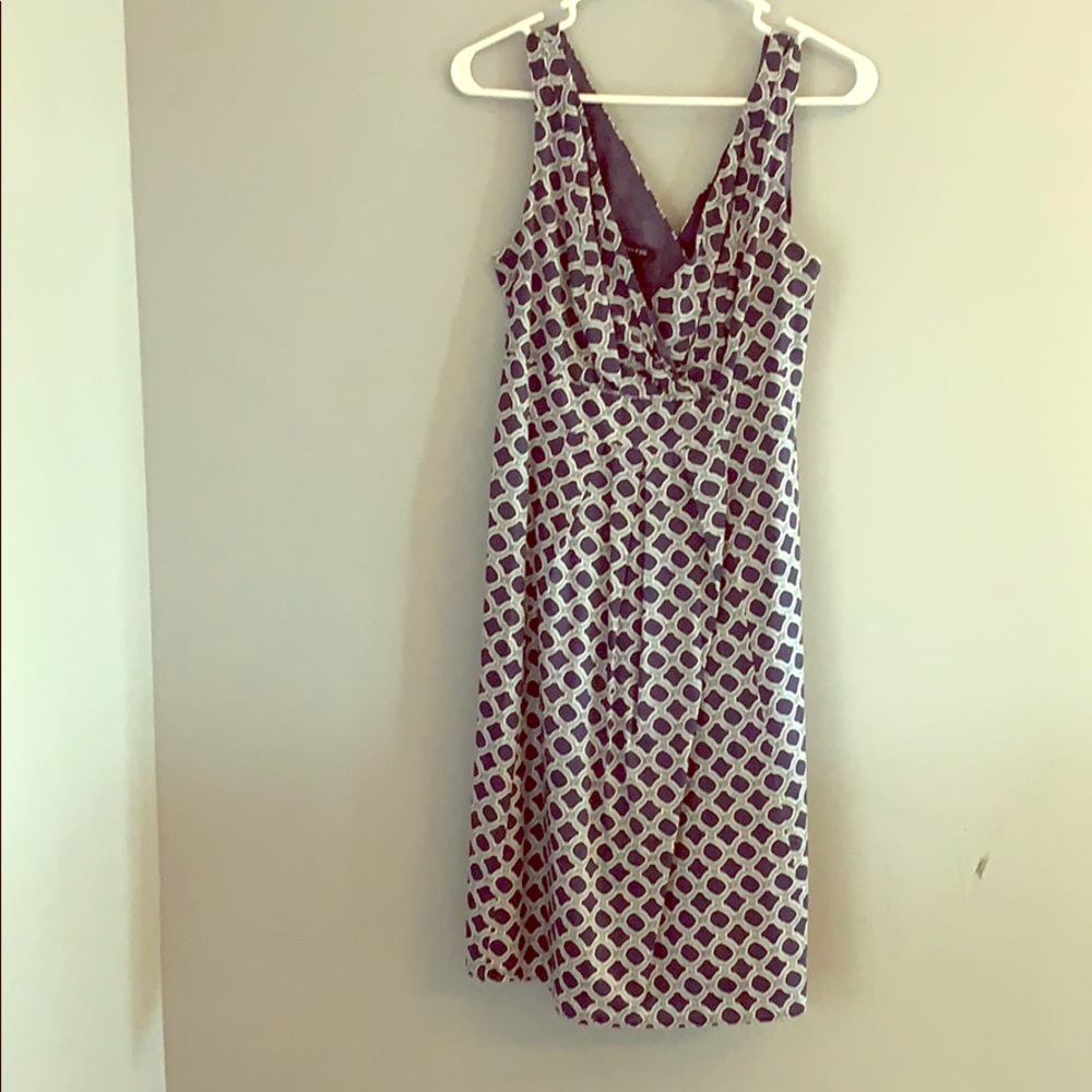 V-neck navy and white dress